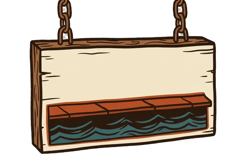 Illustrated hung sign board with a coping-and-waterline motif, hand-painted sign-shop style