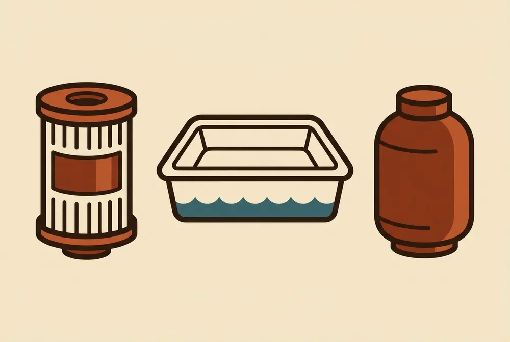 Illustration of pool maintenance equipment: a filter canister, a rinse basin and a chemical-treatment vessel silhouette
