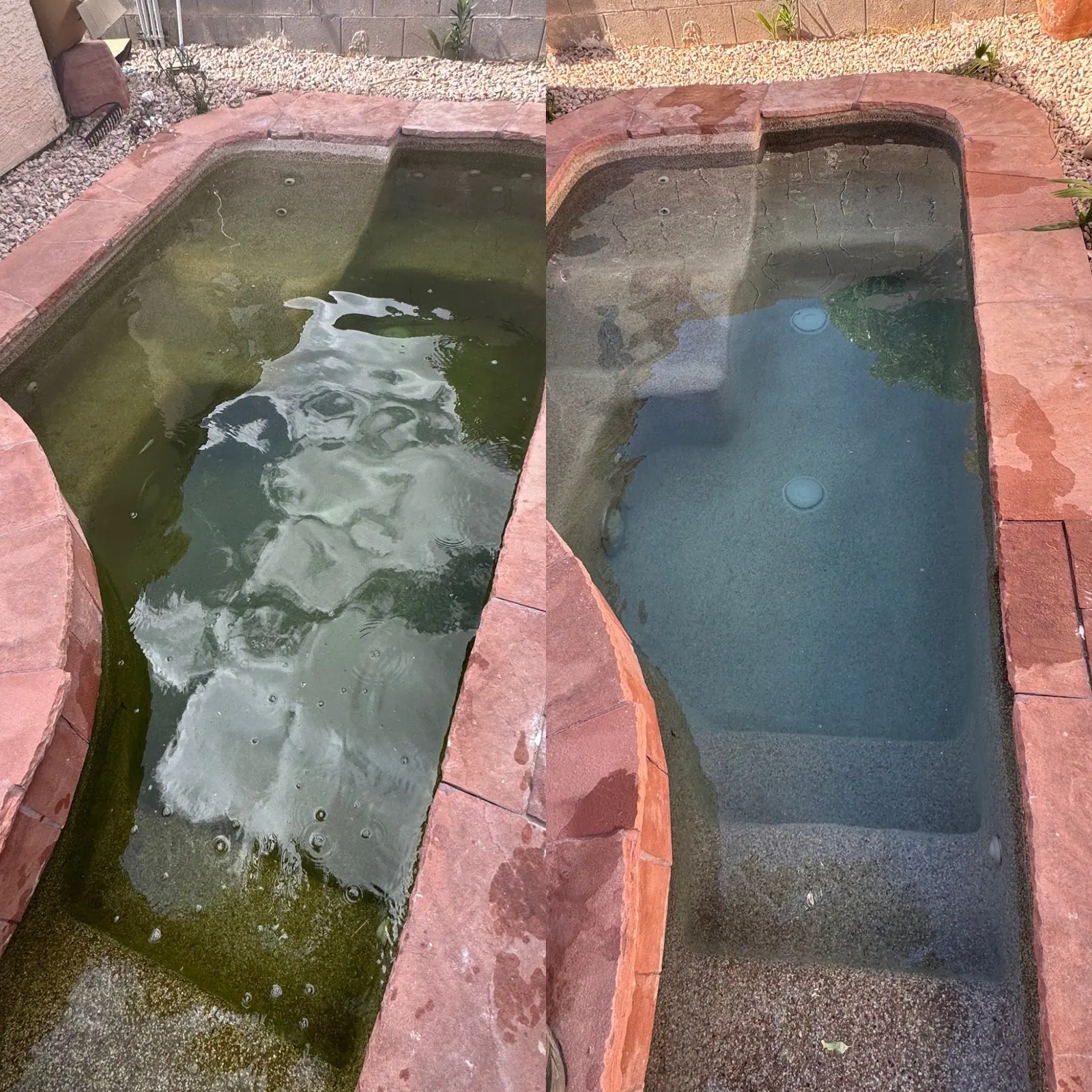 Side-by-side photo of a red-rock spa step, murky water on the left and clear water on the right