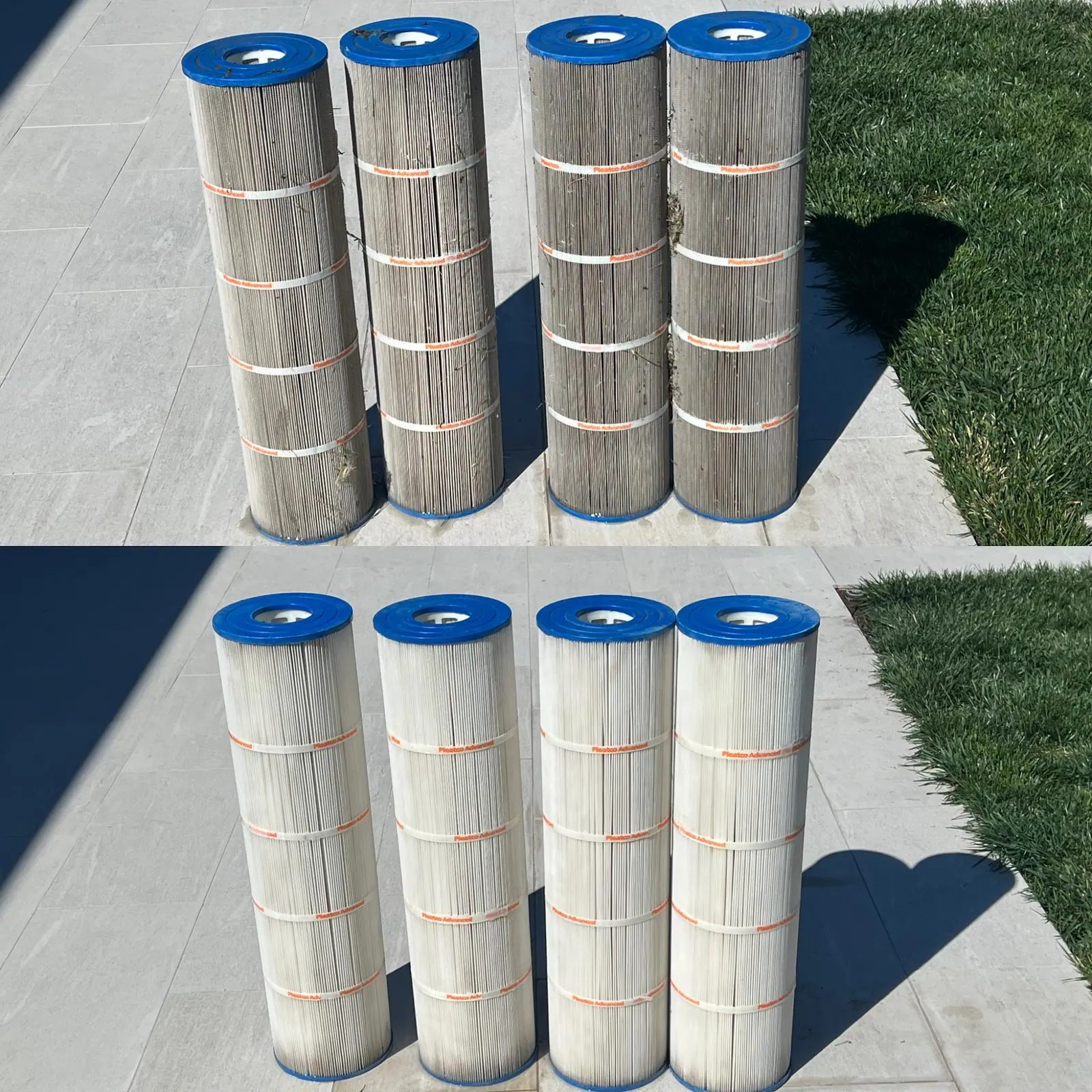 Dirty filter cartridges above, clean white cartridges below, on a patio