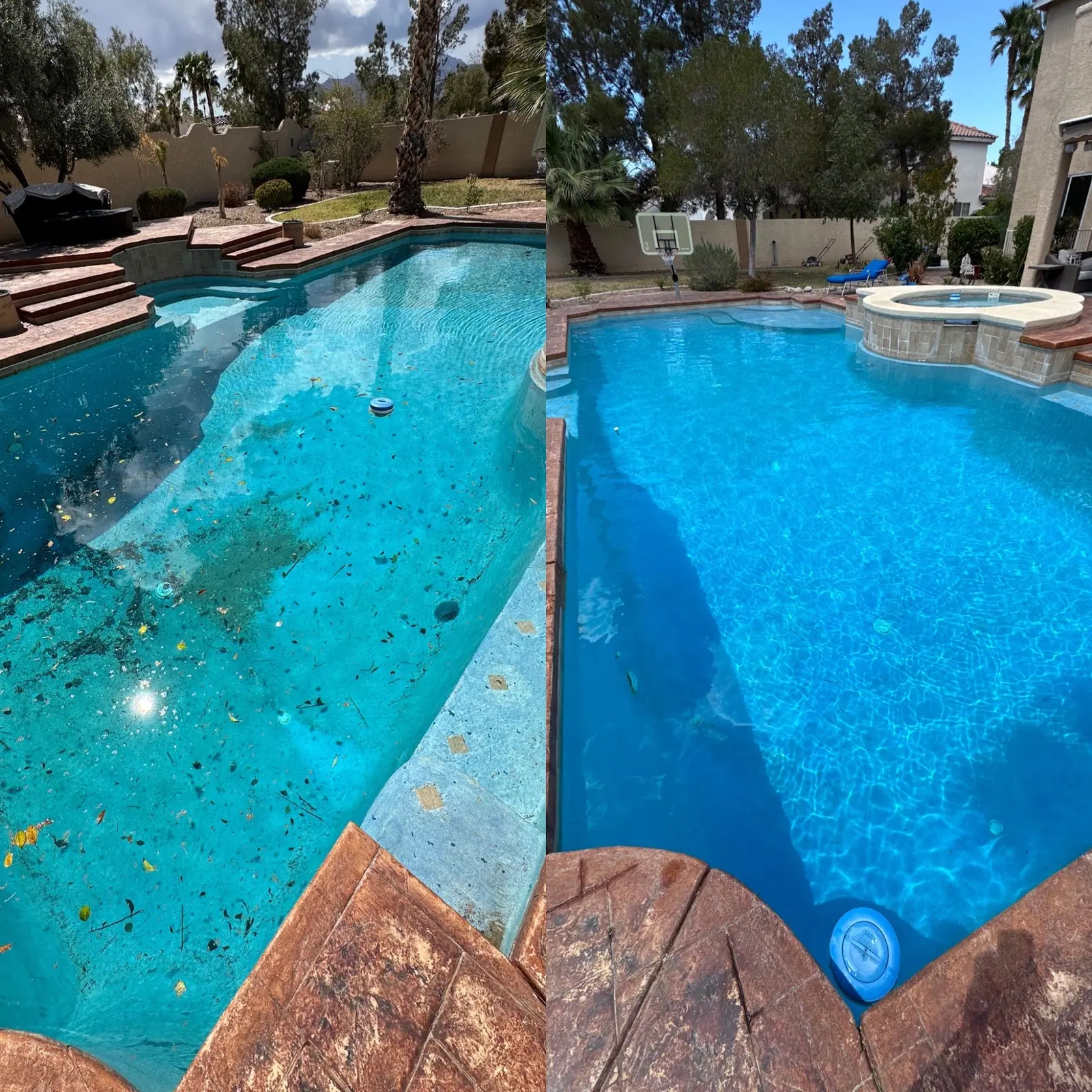 Side by side, a debris-filled pool and the same pool clear and blue, with a spa